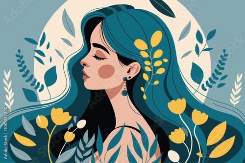 A vector illustration of a girl's head with flowers and a health concept on a blue background.