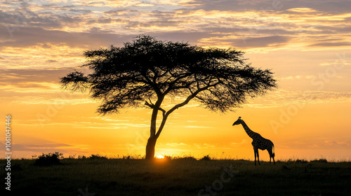 Serengeti wildlife in silhouette under a vibrant sunset, striking acacia tree, giraffe and elephant in profile photo