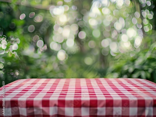 Picnic table set up in the middle of a lush forest, ready for an outdoor meal or gathering. Red and white checkered cloth covering. photo