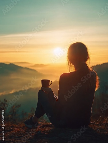 Woman sitting on a hill, watching the sunrise with a cup of coffee. #1061047683