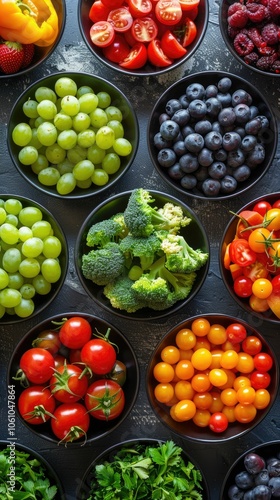 Colorful Fresh Fruits and Vegetables in Black Bowls