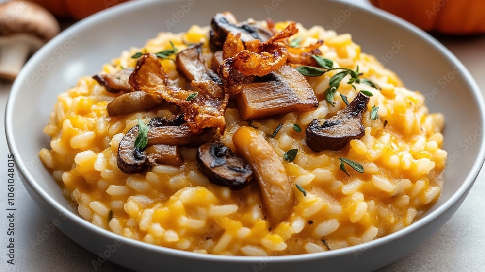 Savor a delicious bowl of pumpkin risotto topped with sautéed mushrooms, perfect for a cozy autumn meal Savor a delicious bowl of pumpkin risotto topped with sautéed mushrooms, perfect for a cozy autumn meal