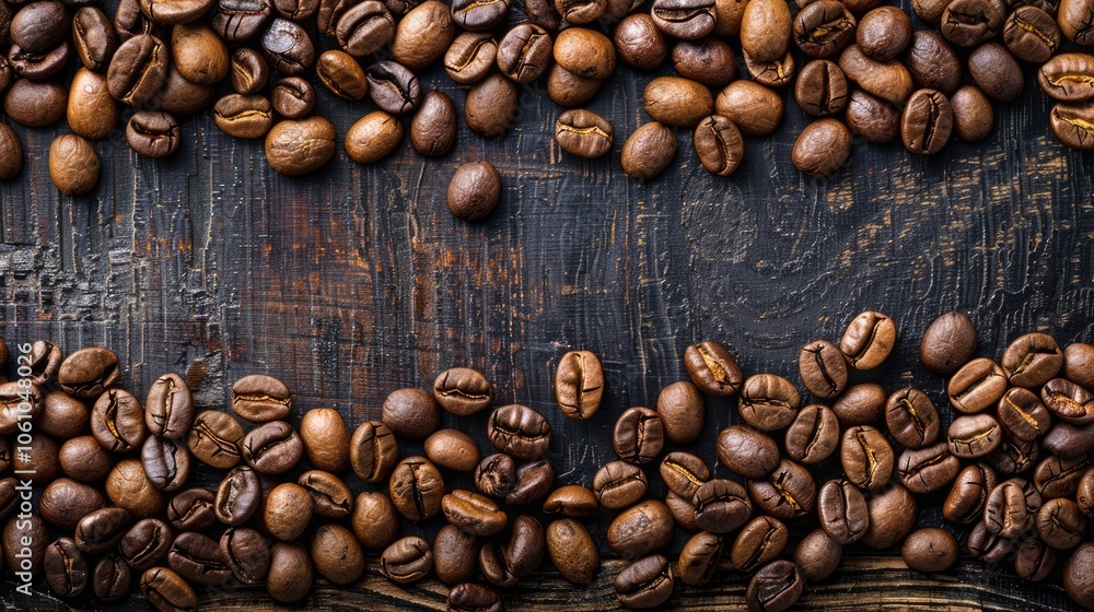 Fresh roasted coffee beans with space for text, from above Fresh roasted coffee beans with space for text, from above