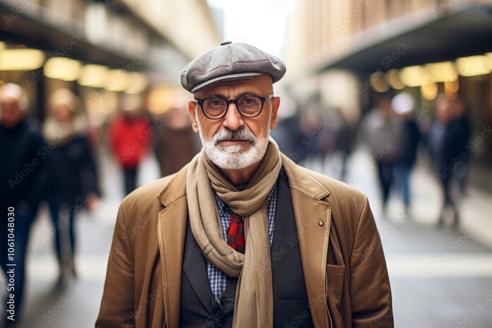 Portrait of an old man with gray beard wearing a cap and scarf walking in the city Portrait of an old man with gray beard wearing a cap and scarf walking in the city