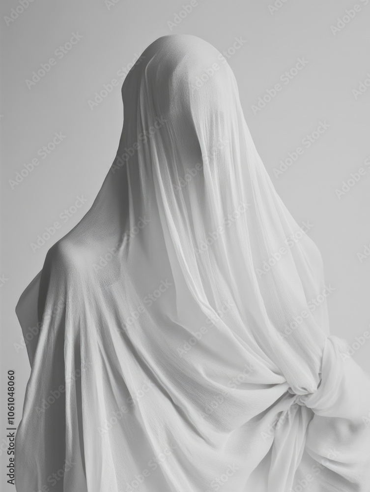 Mysterious white cloth figure with hidden face, blurred background in grayscale tones. Mysterious white cloth figure with hidden face, blurred background in grayscale tones.