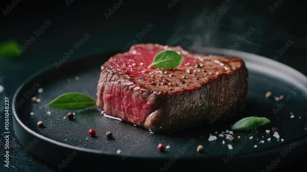 A mouthwatering red cooked steak garnished with herbs and seasonings, served on a plate. The close-up of the food focuses on its appeal. A mouthwatering red cooked steak garnished with herbs and seasonings, served on a plate. The close-up of the food focuses on its appeal.