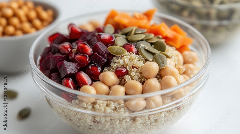 Healthy quinoa bowl with beets, pomegranate seeds, chickpeas, and pumpkin seeds on a light gray table Healthy quinoa bowl with beets, pomegranate seeds, chickpeas, and pumpkin seeds on a light gray table