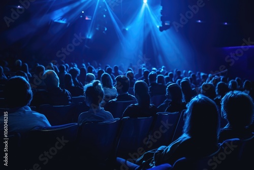 A group of people gathered at a live theatre performance with stage lights illuminating the performers and audience.