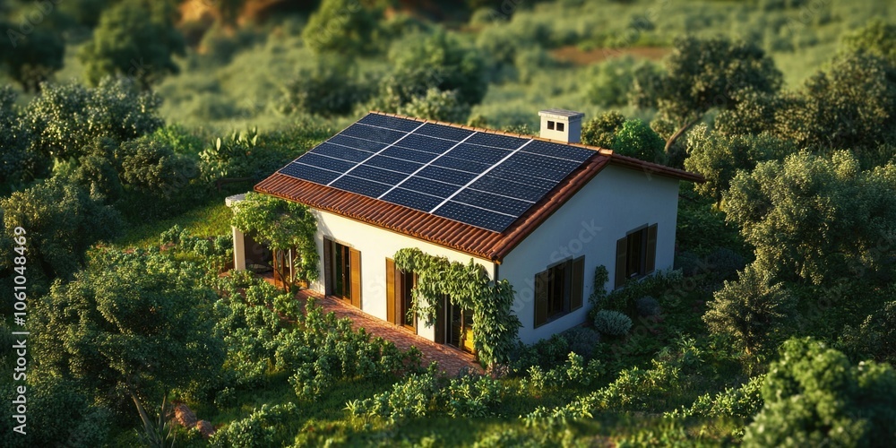 Eco-friendly off-grid home powered by solar energy, nestled in a forested area. Eco-friendly off-grid home powered by solar energy, nestled in a forested area.