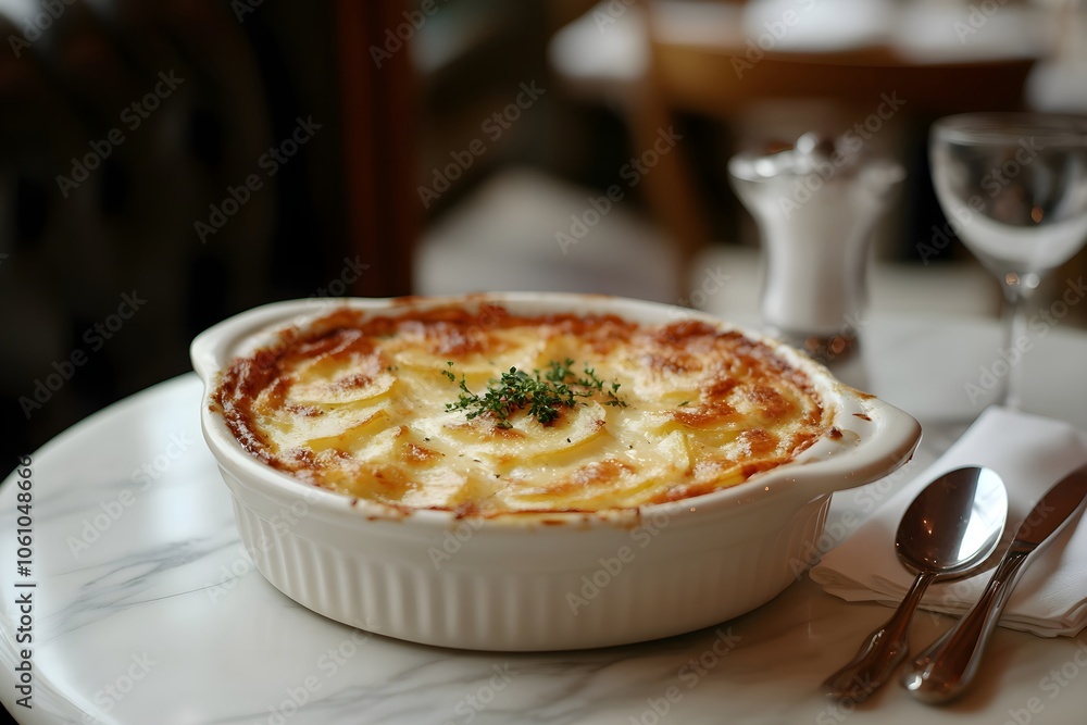 Gratin Dauphinois in a sleek, modern French restaurant with bright lighting. Served in a white ceramic dish with golden-brown crust, creamy cheese layers, herb garnish, and elegant decor Gratin Dauphinois in a sleek, modern French restaurant with bright lighting. Served in a white ceramic dish with golden-brown crust, creamy cheese layers, herb garnish, and elegant decor