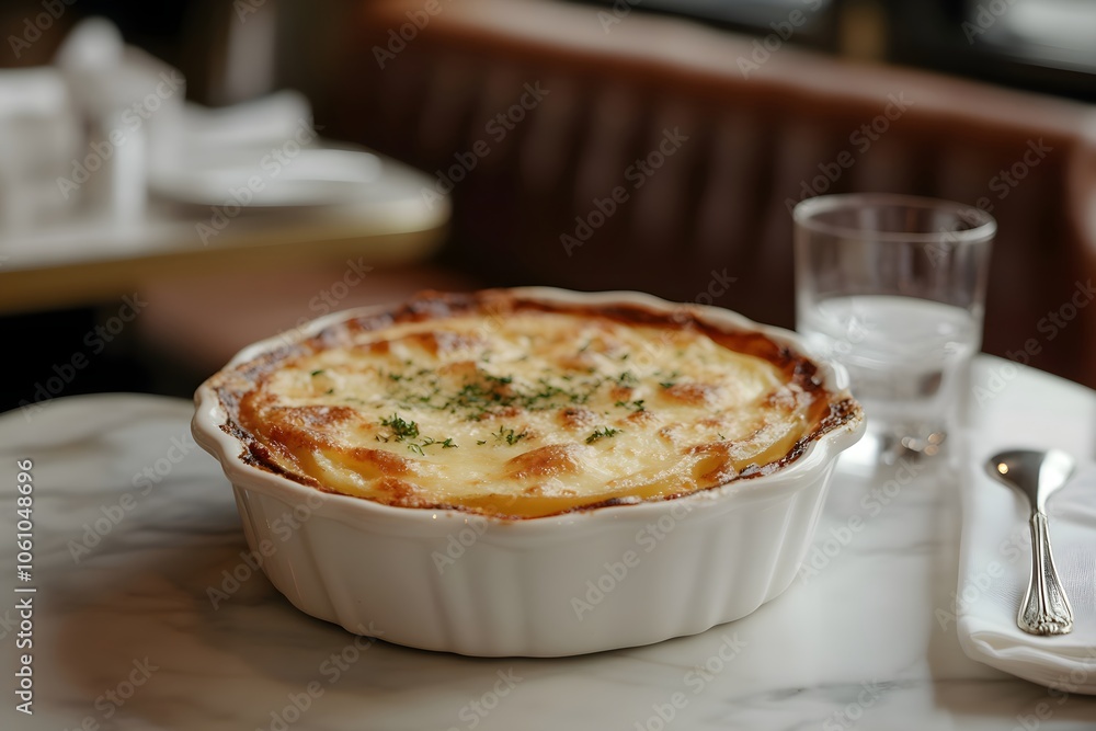 Gratin Dauphinois in a sleek, modern French restaurant with bright lighting. Served in a white ceramic dish with golden-brown crust, creamy cheese layers, herb garnish, and elegant decor Gratin Dauphinois in a sleek, modern French restaurant with bright lighting. Served in a white ceramic dish with golden-brown crust, creamy cheese layers, herb garnish, and elegant decor