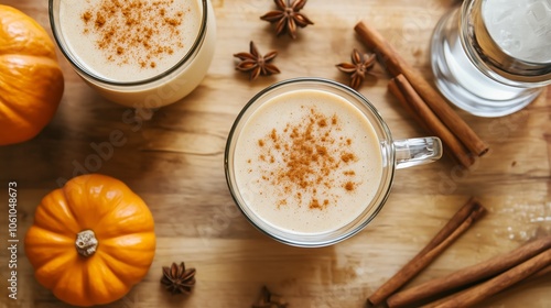 Fototapeta Naklejka Na Ścianę i Meble -  Two pumpkin spice lattes on a wooden table with pumpkins