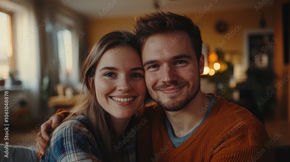 A man and woman embracing each other in a comfortable living room setting. A man and woman embracing each other in a comfortable living room setting.