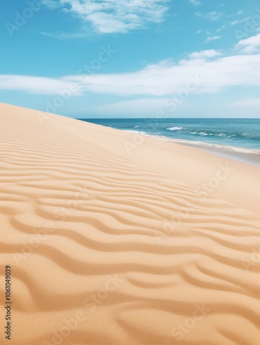 Beautiful sandy beach next to ocean, with large dune and clear sky.