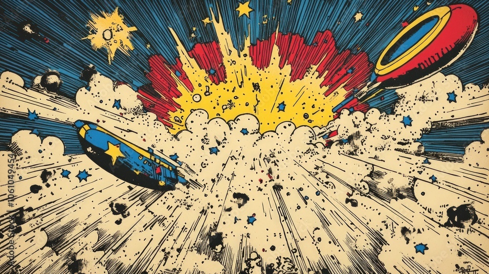 Obraz premium Two spaceships in a comic book style explosion with stars and smoke.