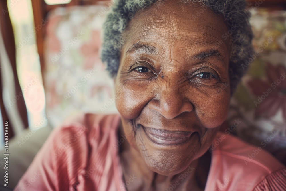 Older woman smiling and looking at camera with wrinkled skin and gray hair, indoors Older woman smiling and looking at camera with wrinkled skin and gray hair, indoors