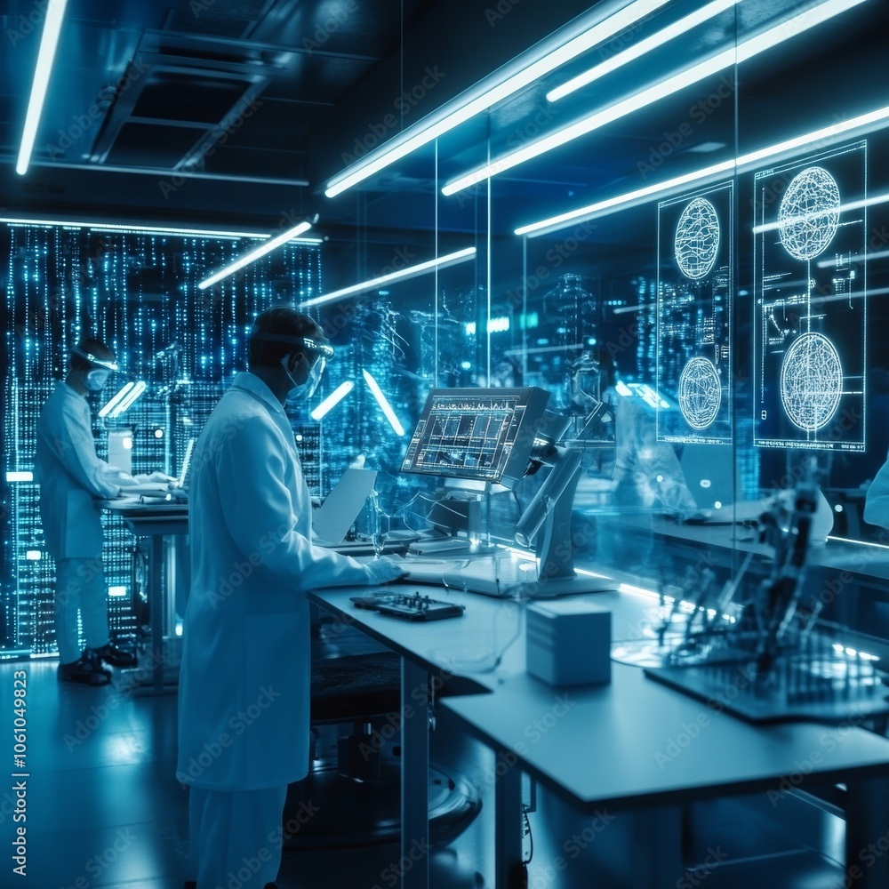 Futuristic Sci-Fi Laboratory with Holographic Displays Futuristic Sci-Fi Laboratory with Holographic Displays