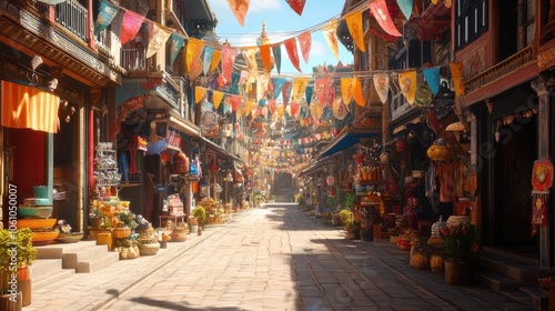 A festive street scene with colorful banners and joyful decorations for Shanteras.