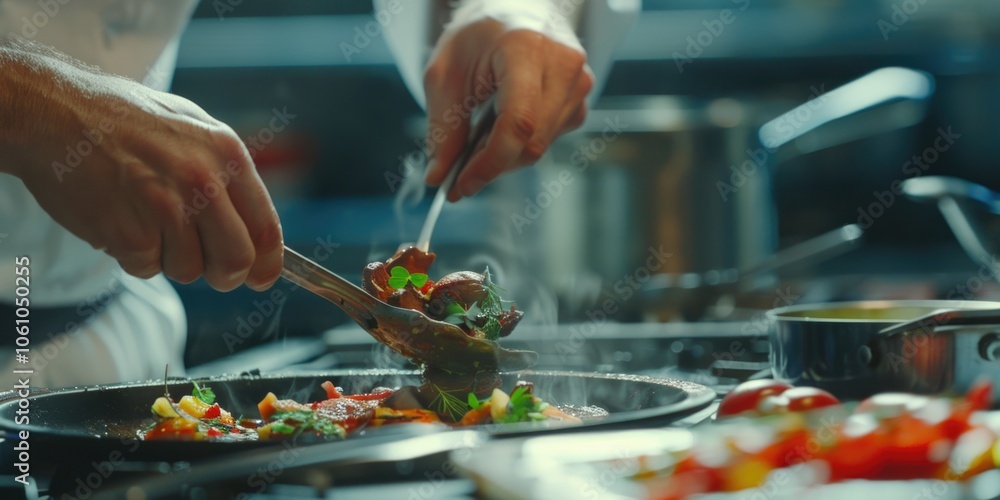 A chef in a commercial kitchen preparing food with various cooking utensils. A chef in a commercial kitchen preparing food with various cooking utensils.