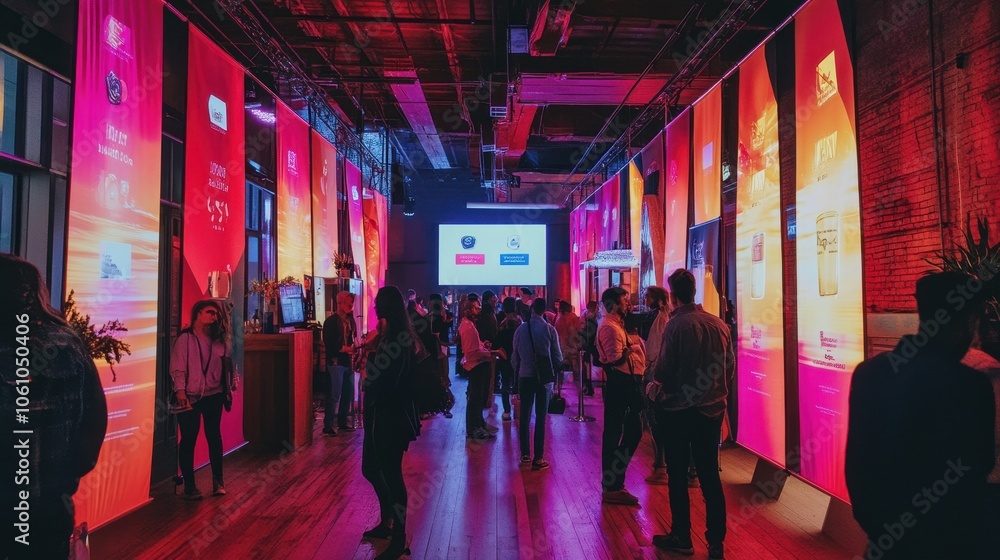 Vibrant Exhibit Hall with Crowds and Colorful Lighting Vibrant Exhibit Hall with Crowds and Colorful Lighting