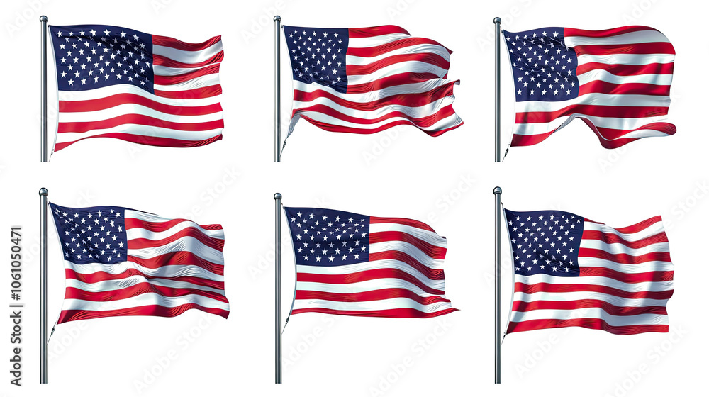 Set of Waving American Flags Showcasing Patriotism and Freedom Generative AI Set of Waving American Flags Showcasing Patriotism and Freedom Generative AI