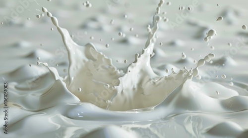 Milk drops falling onto white surface creating a creamy splash effect. This image is high-resolution and captures the texture and freshness of the liquid.