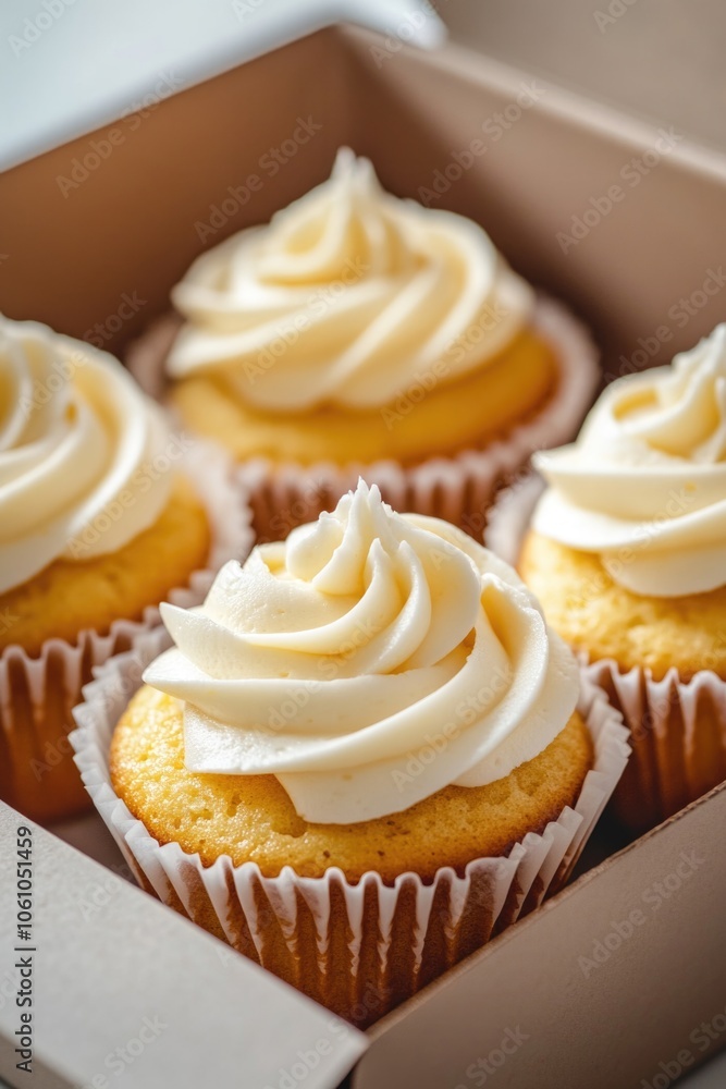 Colorful box of dessert pastries, vanilla cake with creamy frosting and sprinkles. Colorful box of dessert pastries, vanilla cake with creamy frosting and sprinkles.