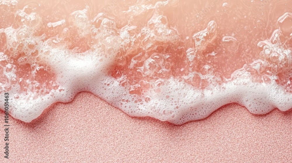 Fototapeta premium Close-up of foamy ocean wave breaking on a pink sandy beach.