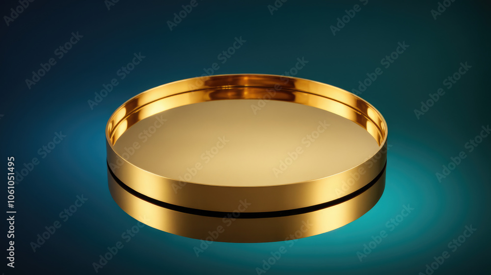 A sleek, reflective gold tray gracefully resting on a soft blue gradient background, showcasing its luxurious shine and modern design, perfect for serving or decoration. A sleek, reflective gold tray gracefully resting on a soft blue gradient background, showcasing its luxurious shine and modern design, perfect for serving or decoration.
