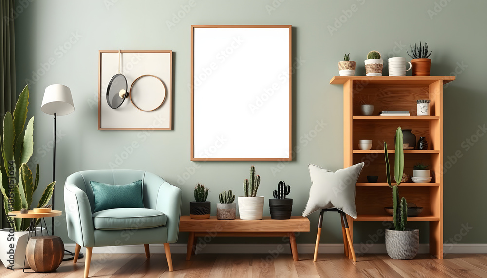 Creative composition of stylish living room interior with mock up poster frame, armchair, wooden shelf, cacti and personal and boho accessories. Plant love and nature concept. Template isolated with Creative composition of stylish living room interior with mock up poster frame, armchair, wooden shelf, cacti and personal and boho accessories. Plant love and nature concept. Template isolated with