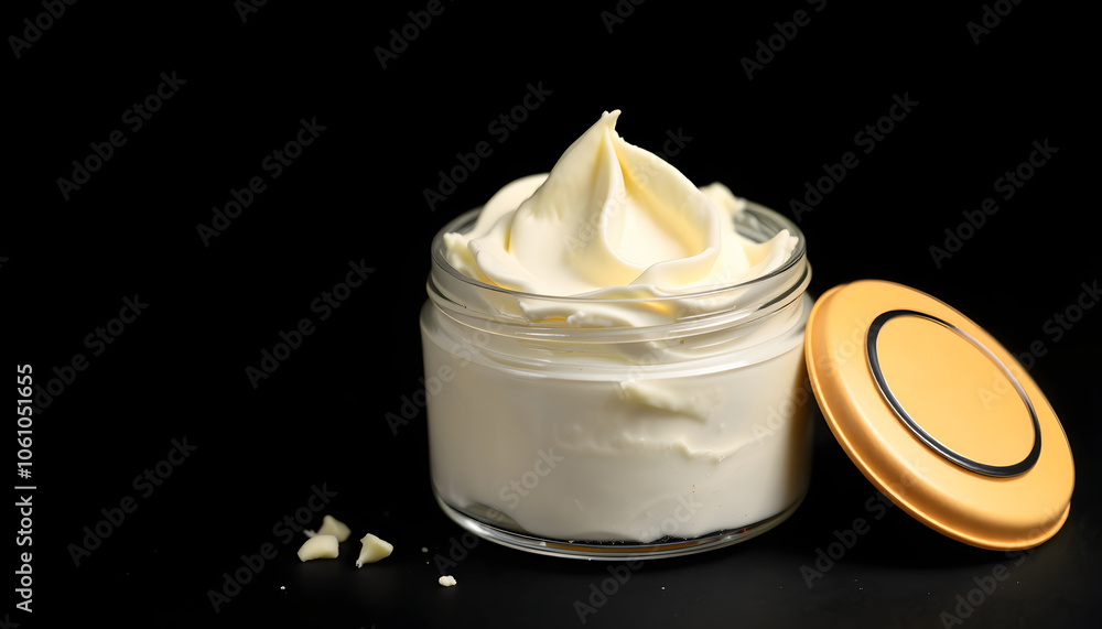 open jar of fresh whipped body butter isolated on black isolated with white highlights, png open jar of fresh whipped body butter isolated on black isolated with white highlights, png