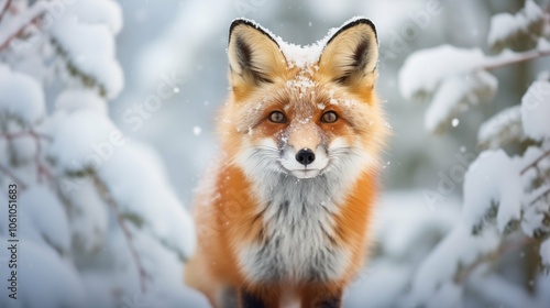 A close-up of a beautiful fox covered in snow, capturing the essence of winter wildlife. The vibrant fur contrasts with the snowy background, embodying nature's beauty.