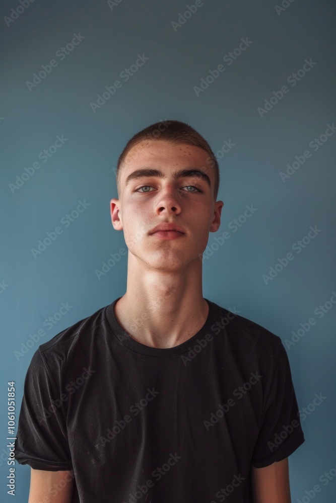 Portrait of a young man with short, styled hair wearing contemporary clothing. He has a confident and relaxed demeanor. Portrait of a young man with short, styled hair wearing contemporary clothing. He has a confident and relaxed demeanor.