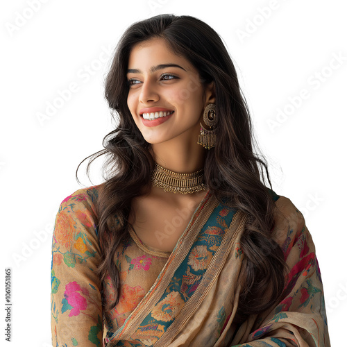 Beautiful Indian Woman in Traditional Sari and Jewelry
