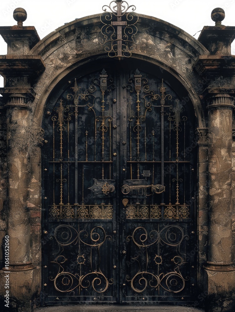 Obraz premium Weathered black metal gate with intricate design and gold accents.