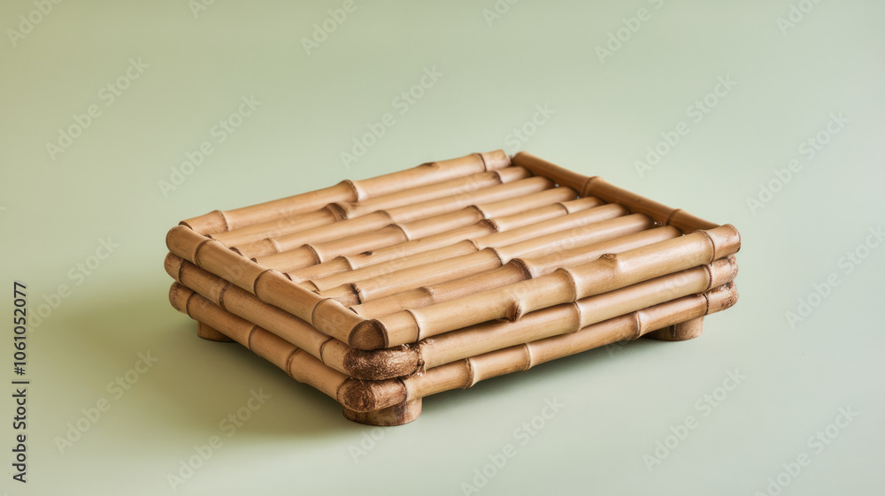 An elegantly crafted bamboo tray showcasing a warm, natural aesthetic, perfect for home decor or serving. The light green background enhances its organic feel. An elegantly crafted bamboo tray showcasing a warm, natural aesthetic, perfect for home decor or serving. The light green background enhances its organic feel.