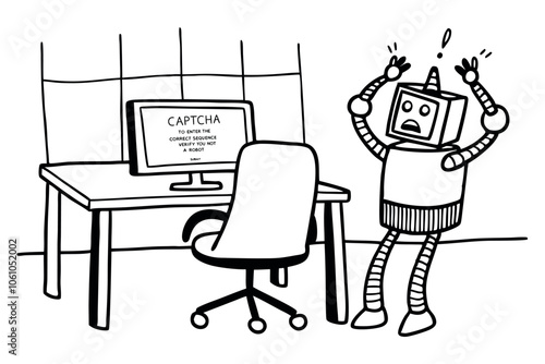 Robot having troubles with captcha "i'm not a robot" on computer. Line art vector illustration