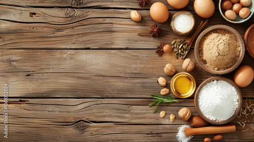 Home Baking Ingredients on Wooden Background with Copy Space.