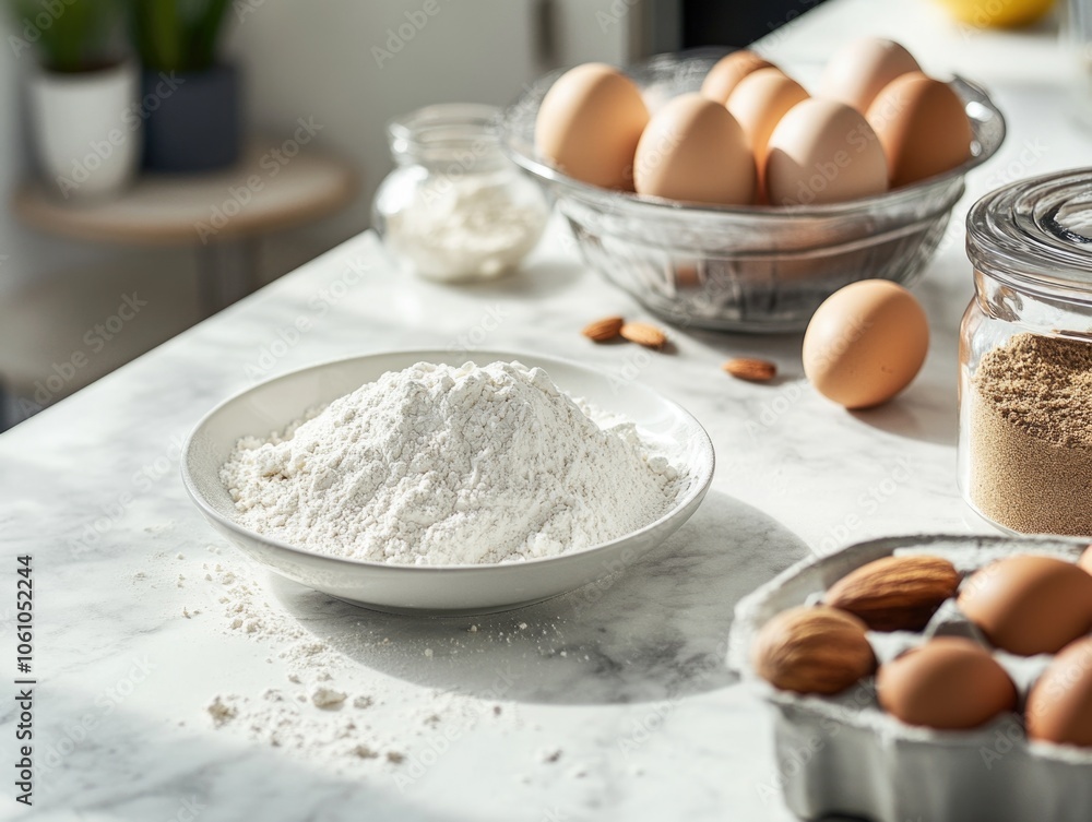 Cake flour, eggs and spices on the countertop. Cake flour, eggs and spices on the countertop.