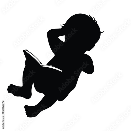 a black silhouette of a child lying on their back on the ground, reading a book.