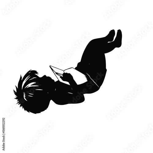 a black silhouette of a child lying on their back on the ground, reading a book.