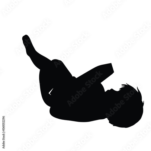 a black silhouette of a child lying on their back on the ground, reading a book.