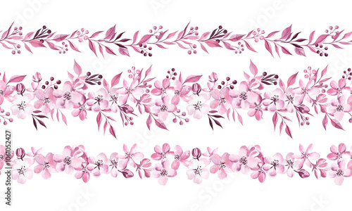 Floral seamless garlands set, watercolor illustration on transparent background. Elegant pink apple blossom with tiny berries and leaves