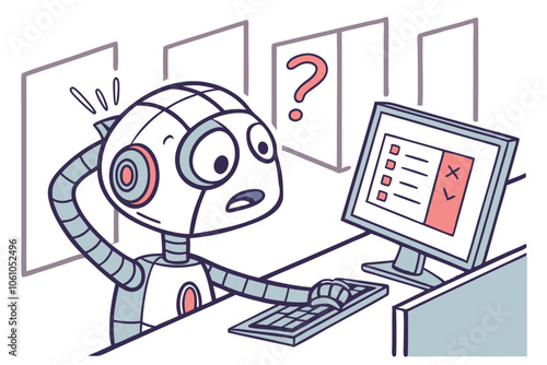 Robot faces problems working on a computer. Vector flat illustration