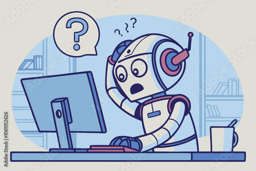 Robot faces problems working on a computer. Vector flat illustration