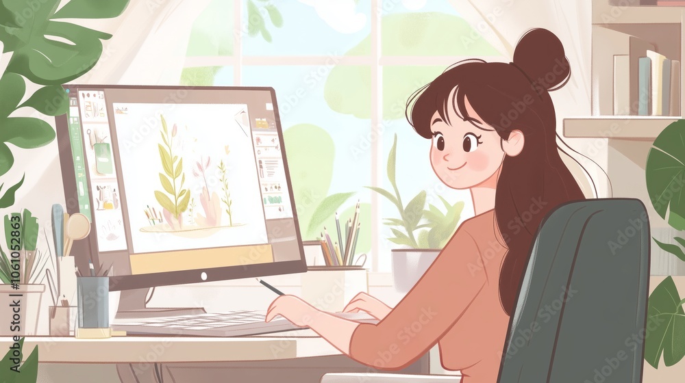 A colorful pixel art piece depicting a girl sitting at a desk with her computer