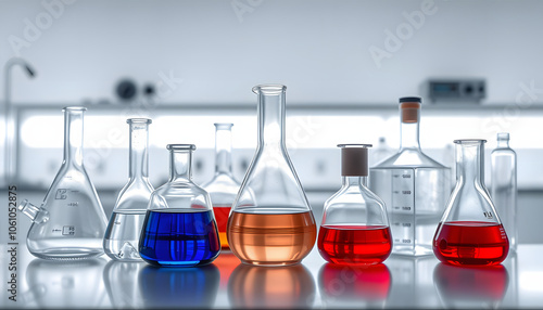 Laboratory glassware instruments empty equipment for chemical lab isolated with white highlights, png photo