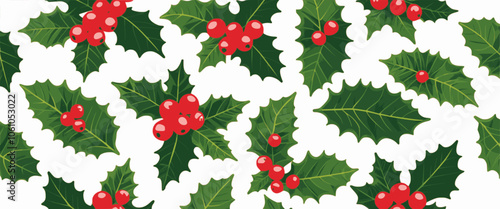 Decorative Christmas holly garland. Flat vector design 21:9. Multilayer SVG file without gaps between paths.