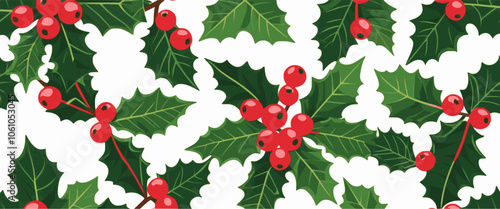 Decorative Christmas holly garland. Flat vector design 21:9. Multilayer SVG file without gaps between paths.