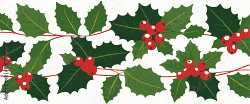 Decorative Christmas holly garland. Flat vector design 21:9. Multilayer SVG file without gaps between paths.